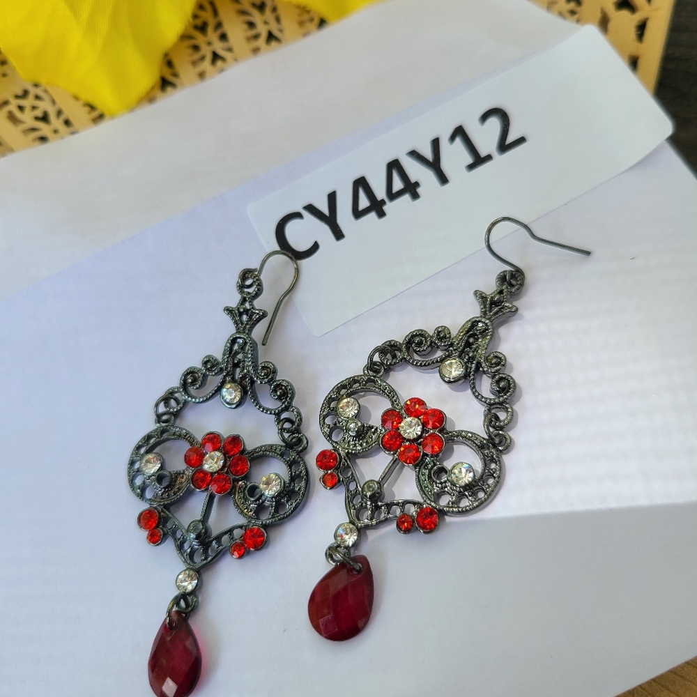 Antique Red and Silver Floral Earrings